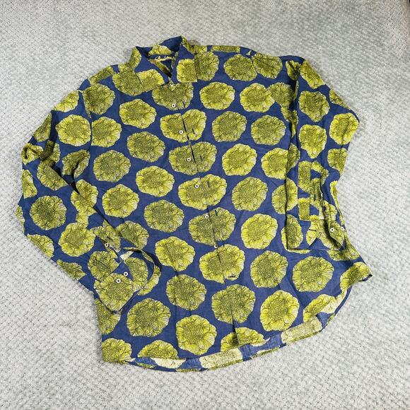 STENSTROMS Men's Lime Green Navy Floral Linen Long Sleeve Button Down Shirt XL - Picture 1 of 10